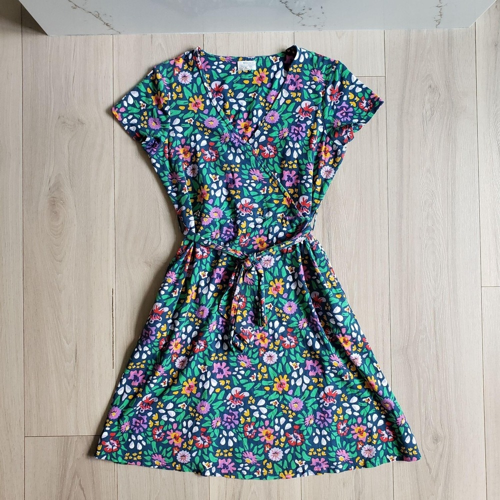 Mountain Warehouse Dress Womens 8 Green Floral V Neck Belted Jersey Casual